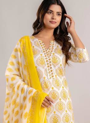 Yellow women embroidered floral printed aline kurta pant with dupatta set 3