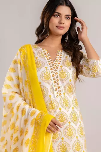 Yellow women embroidered floral printed aline kurta pant with dupatta set