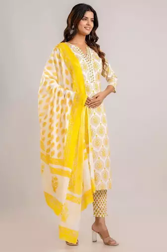 Yellow women embroidered floral printed aline kurta pant with dupatta set