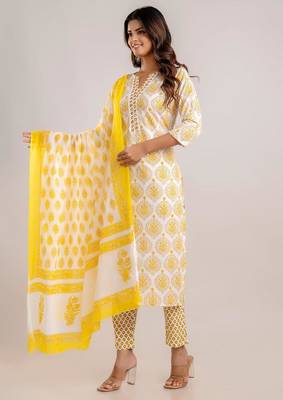 Yellow women embroidered floral printed aline kurta pant with dupatta set 5