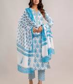 Skyblue women embroidered floral printed aline kurta pant with dupatta set
