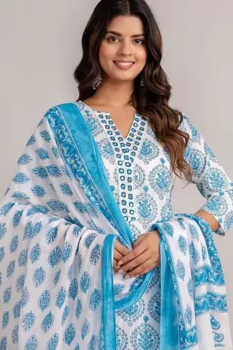 Skyblue women embroidered floral printed aline kurta pant with dupatta set