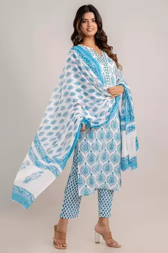 Skyblue women embroidered floral printed aline kurta pant with dupatta set