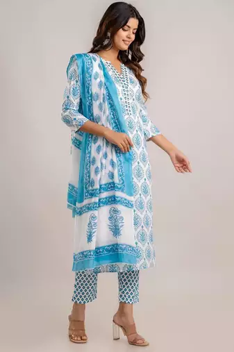 Skyblue women embroidered floral printed aline kurta pant with dupatta set