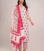Pink women embroidered floral printed aline kurta pant with dupatta set