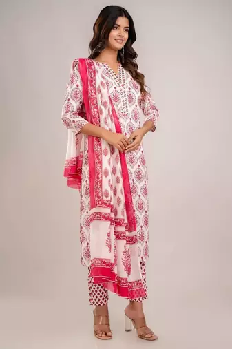 Pink women embroidered floral printed aline kurta pant with dupatta set