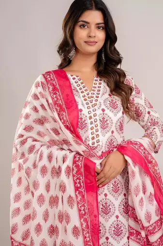 Pink women embroidered floral printed aline kurta pant with dupatta set