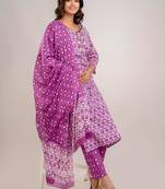 Purple women embroidered floral printed aline kurta pant with dupatta set
