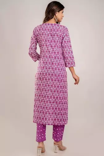 Purple women embroidered floral printed aline kurta pant with dupatta set