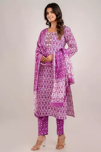 Purple women embroidered floral printed aline kurta pant with dupatta set