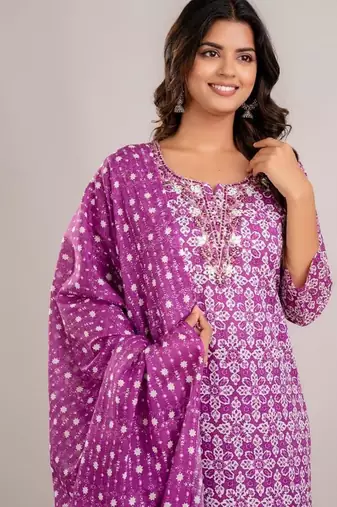 Purple women embroidered floral printed aline kurta pant with dupatta set