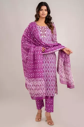 Purple women embroidered floral printed aline kurta pant with dupatta set
