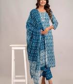 Tealblue women embroidered floral printed aline kurta pant with dupatta set