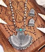 Oxidised silver tribal pendant necklace set with turquoise enamel and beaded chain, traditional ethnic design