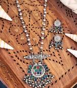 Oxidised silver tribal necklace set with multicolour enamel, ball chain and matching earrings