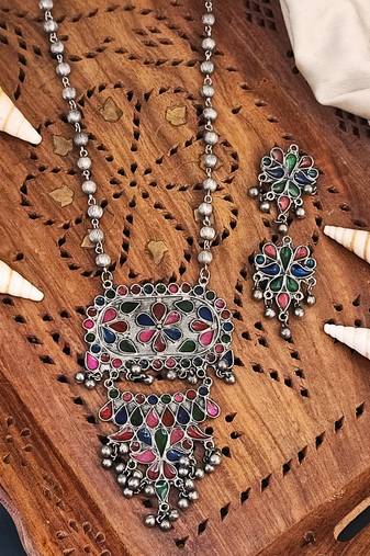 Vintage style floral necklace and earring set, multi-coloured enamel with silver beaded chain