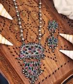 Vintage style floral necklace and earring set, multi-coloured enamel with silver beaded chain