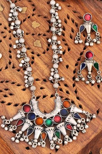 Oxidized silver indian traditional necklace set with multicolor enamel and tribal earrings for ethnic and festive wear