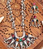 Oxidized silver indian traditional necklace set with multicolor enamel and tribal earrings for ethnic and festive wear