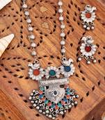 Vintage oxidised silver tribal necklace set with bird motif, multicolour enamel, beaded chain and matching earrings