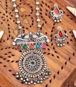 Traditional oxidised silver necklace set, multicolour enamel pendant, beaded chain, matching earrings