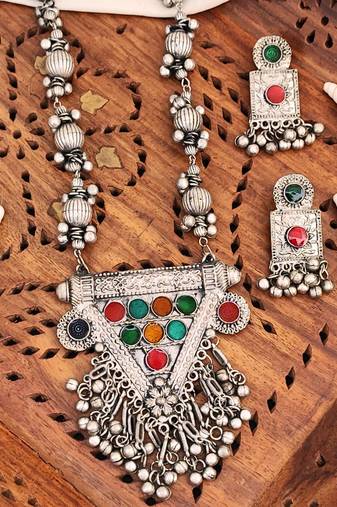 Vintage tribal silver necklace set with multicolour enamel, beaded chain and matching earrings, traditional design