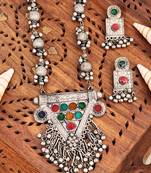 Vintage tribal silver necklace set with multicolour enamel, beaded chain and matching earrings, traditional design