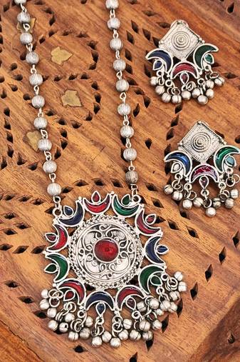 Oxidised silver tribal necklace set with multicolour enamel work, beaded chain and ghungroo bells