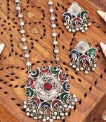 Oxidised silver tribal necklace set with multicolour enamel work, beaded chain and ghungroo bells