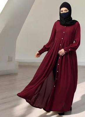 Maroon front open- designer abaya with pleats 1