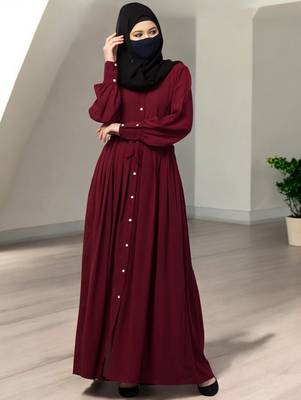 Maroon front open- designer abaya with pleats 3