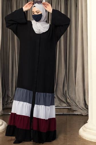 Multicolor front open- designer abaya with multi colored gathered layers