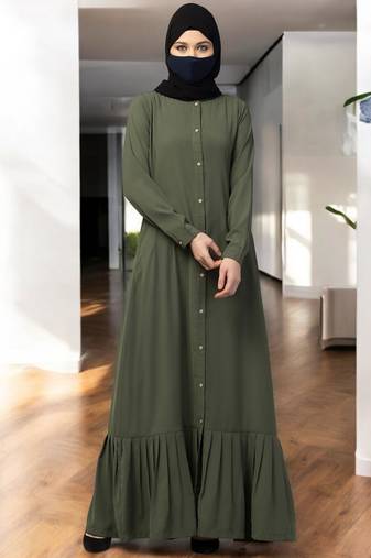 Green front open- designer abaya with gathered hem