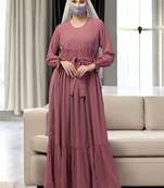 Pink multi layered abaya dress with belt & elasticated bell sleeves
