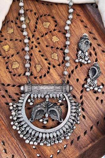 Oxidized silver indian traditional necklace set with intricate peacock design and matching earrings for her