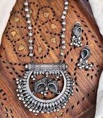 Oxidized silver indian traditional necklace set with intricate peacock design and matching earrings for her