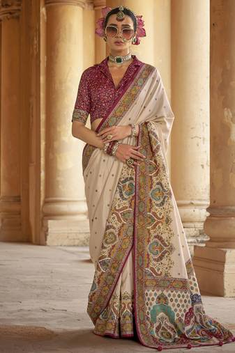 cream poly viscose silk blend woven butti printed saree