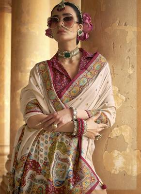 cream poly viscose silk blend woven butti printed saree 2
