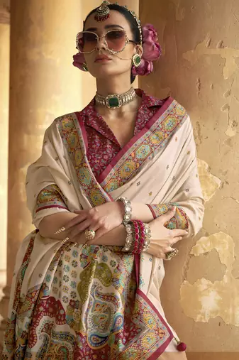 cream poly viscose silk blend woven butti printed saree