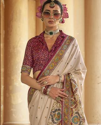 cream poly viscose silk blend woven butti printed saree 3