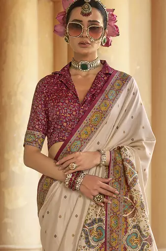 cream poly viscose silk blend woven butti printed saree
