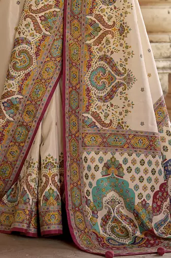 cream poly viscose silk blend woven butti printed saree