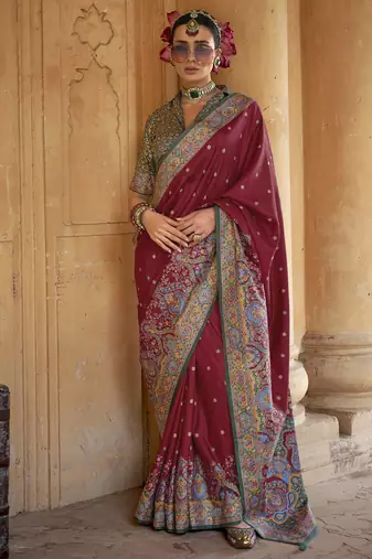 maroon poly viscose silk blend woven butti printed saree