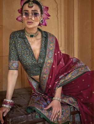maroon poly viscose silk blend woven butti printed saree 2