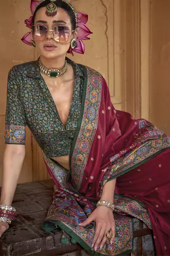 maroon poly viscose silk blend woven butti printed saree