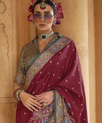 maroon poly viscose silk blend woven butti printed saree 3