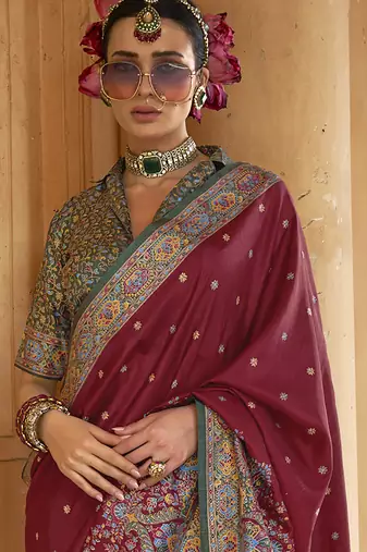 maroon poly viscose silk blend woven butti printed saree