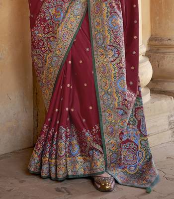 maroon poly viscose silk blend woven butti printed saree 4