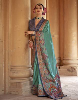 turquoise poly viscose silk blend woven butti printed saree 1