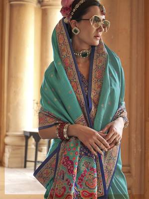 turquoise poly viscose silk blend woven butti printed saree 2